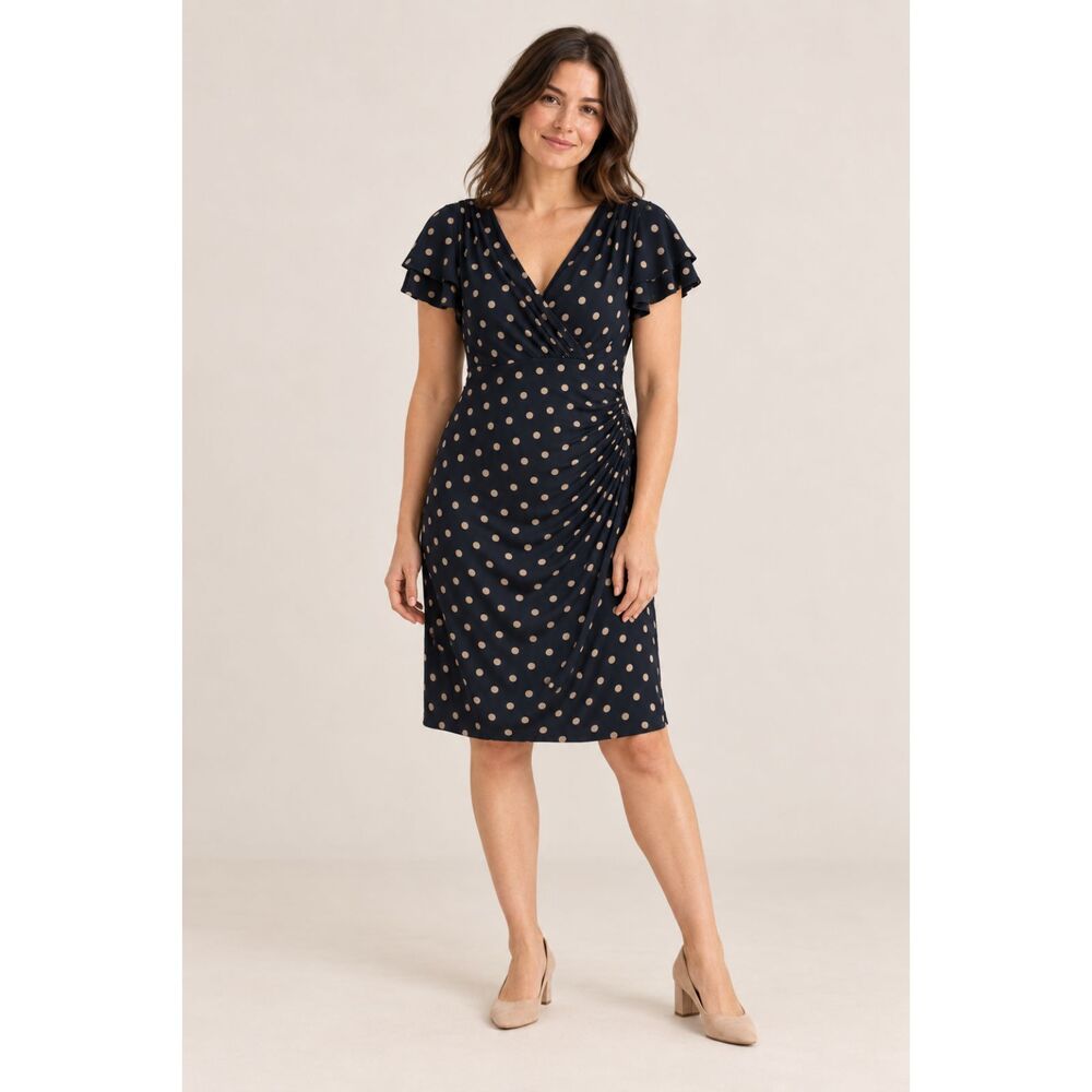 Lauren Ralph Lauren Polka Dot Ruched Flutter Sleeve Dress Size 10